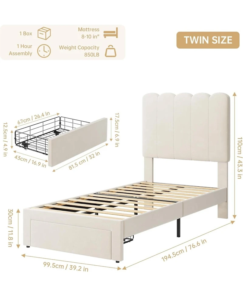 gaomon Velvet Upholstered Bed Frame Storage Drawer Headboard Girls Platform Bed Wood Slat Support Noise Free Easy Assembly