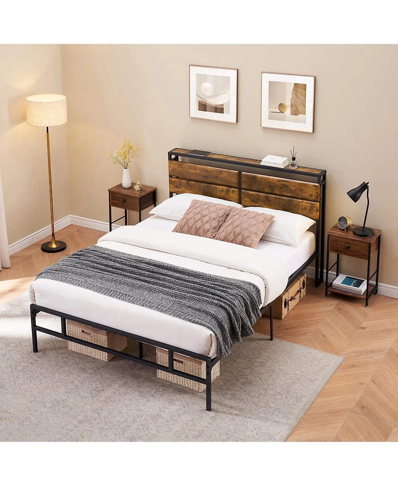 gaomon Industrial WoodandMetal Bed Frame- Storage Headboard Wooden Shelves No Box Spring Needed