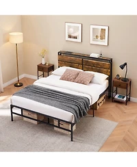 gaomon Industrial WoodandMetal Bed Frame- Storage Headboard Wooden Shelves No Box Spring Needed