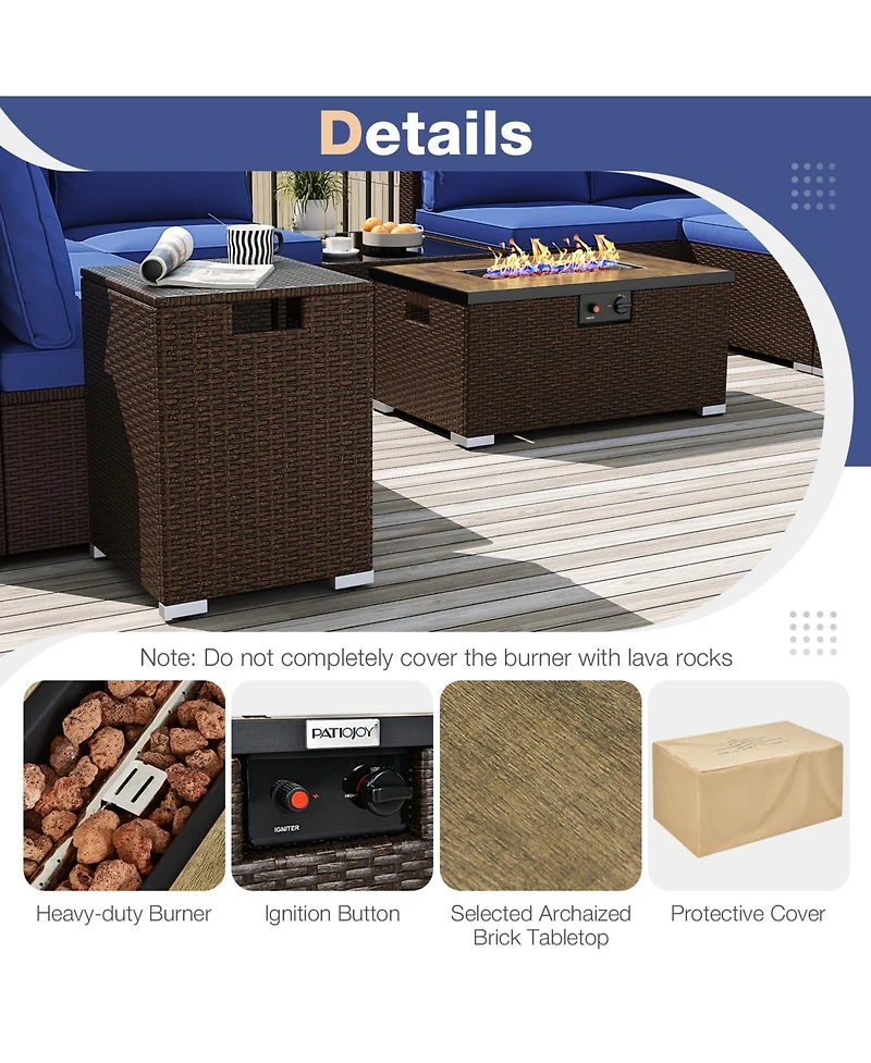 Gymax 12 Pcs Outdoor Patio Wicker Sectional Sofa Set w/ 32'' Propane Fire Pit Table Tank Holder