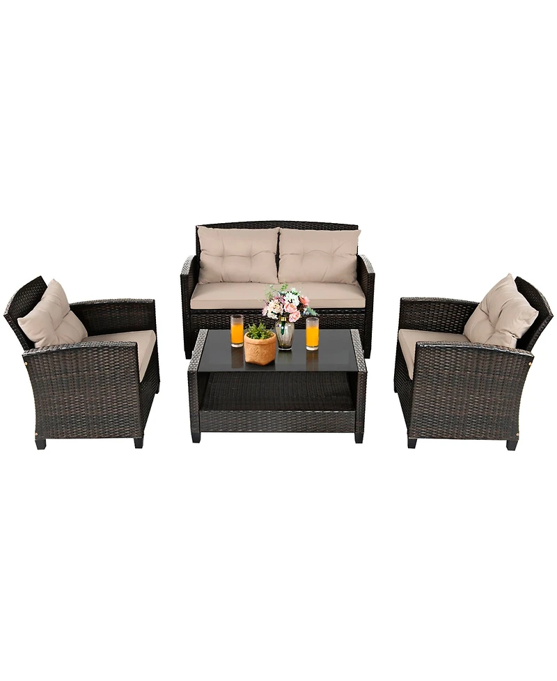 Gymax 8pcs Patio Rattan Conversation Set Cushioned Outdoor Furniture Set