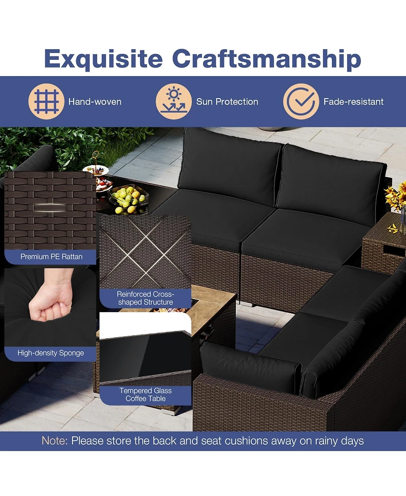 Gymax 12 Pcs Outdoor Patio Wicker Sectional Sofa Set w/ 32'' Propane Fire Pit Table Tank Holder