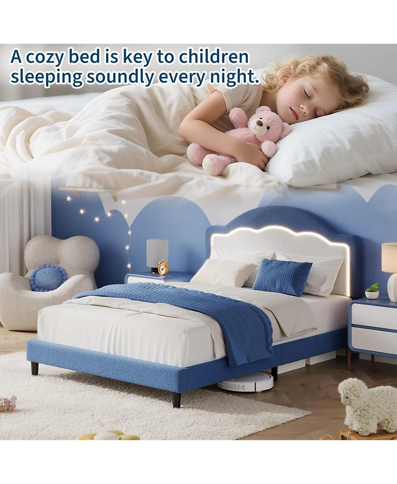 gaomon Bed Frame with Led Headboard for Kids, Sherpa Upholstered Platform Bed Frame with Wood Slat Support, No Box Spring Required