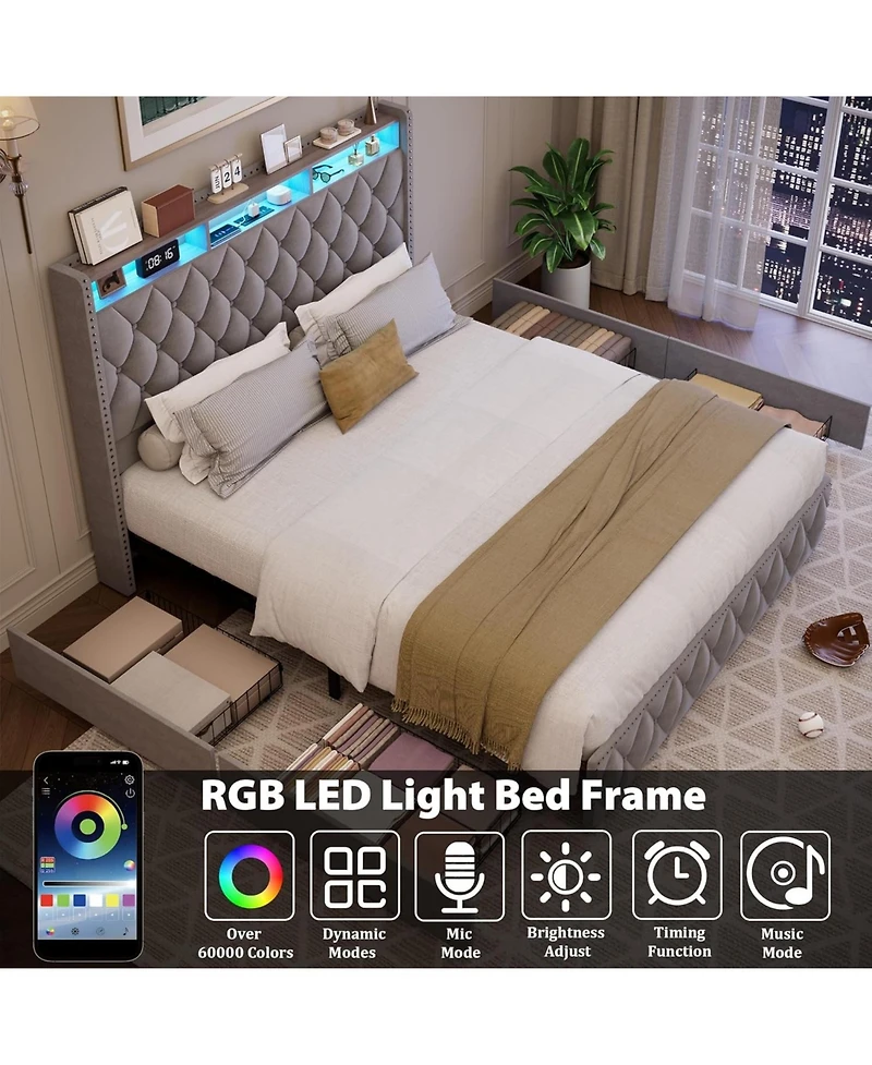 gaomon Pu Leather Upholstered Bed Frame with 4 Storage Drawers, Usb Charging Station & Led Lights