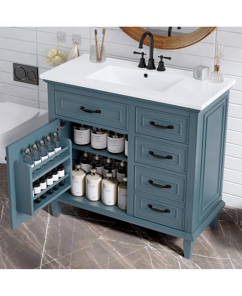 Sillysis 36" Bathroom Vanity with Ceramic Sink, Flip Drawers and Adjustable Shelf