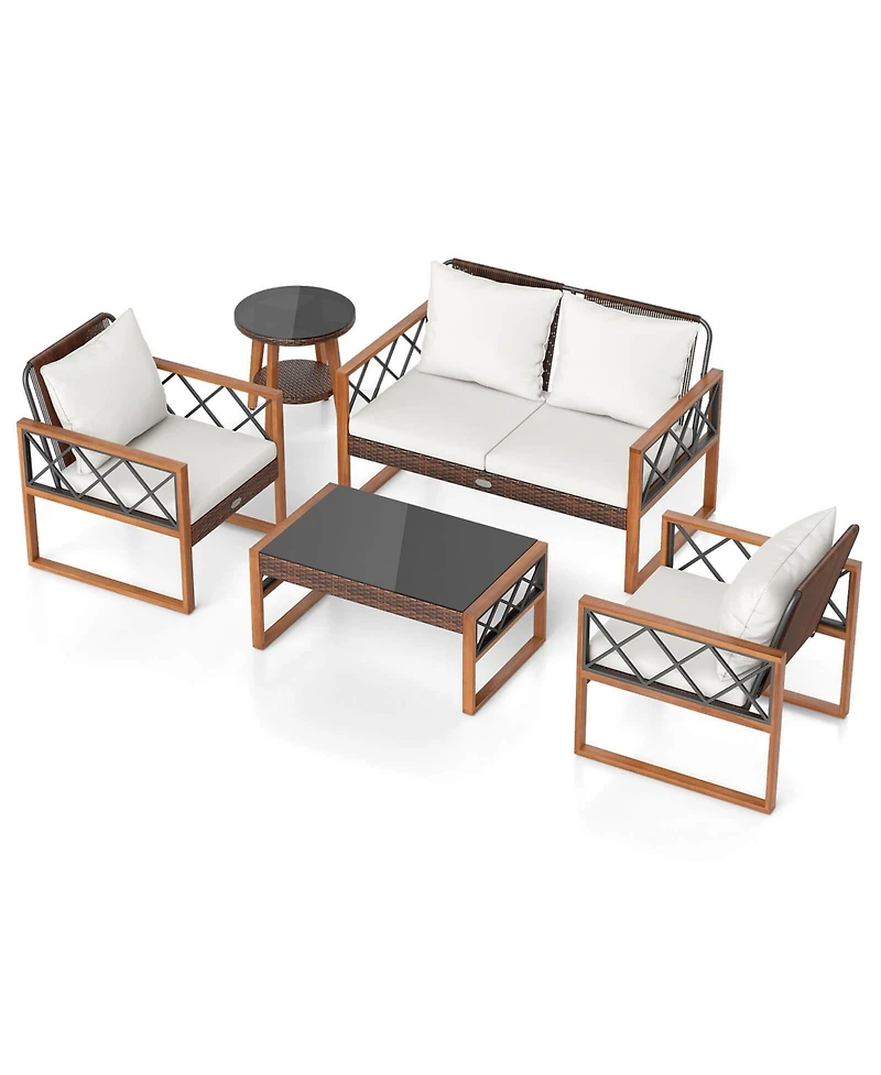 Gymax 5 Pcs Pe Wicker Patio Furniture Set w/Acacia Wood Frame Cushions for Deck Garden