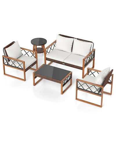 Gymax 5 Pcs Pe Wicker Patio Furniture Set w/Acacia Wood Frame Cushions for Deck Garden