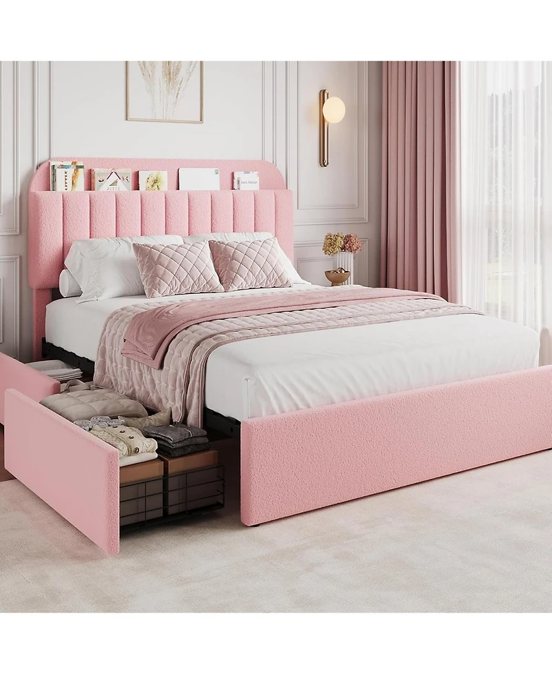 gaomon Upholstered Platform Bed with Storage Headboard and 2 Drawers- Boucle Fabric- Bookcase- Easy Assembly- No Box Spring Needed