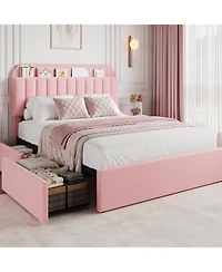gaomon Upholstered Platform Bed with Storage Headboard and 2 Drawers- Boucle Fabric- Bookcase- Easy Assembly- No Box Spring Needed