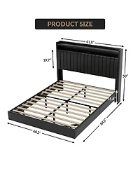 gaomon Floating Bed Frame Queen Rgb Led Lights Charging Station 50" Leather Headboard Upholstered Storage No Box
