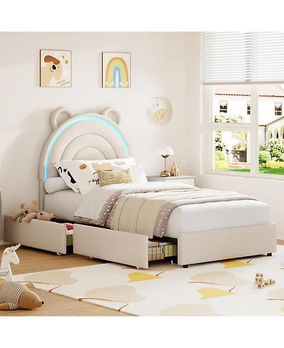 gaomon Princess Bed Frame with 4 Storage Drawers Led Lights Velvet Upholstered Rainbow Headboard Solid Wood Slats No Box Spring Needed