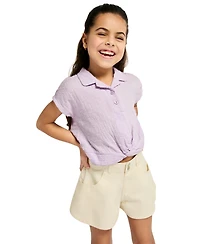 Calvin Klein Girls' 4-6X Dotted Crinkle Gauze Knot-Front Shirt and Twill Shorts, 2-Piece Set