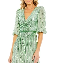 Mac Duggal Women's Sequined Wrap Over 3/4 Sleeve Gown