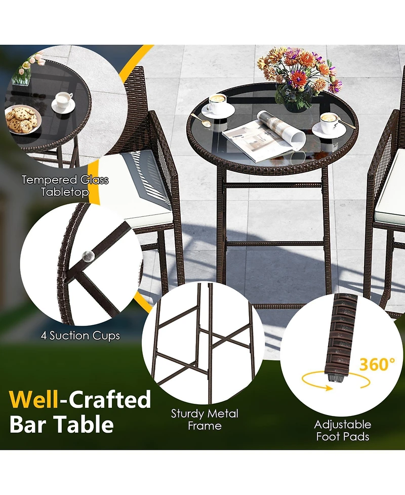 Gymax 3 Piece Wicker Patio Bar Set w/ 2 Seat Cushions Glass Tabletop for Backyard