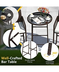 Gymax 3 Piece Wicker Patio Bar Set w/ 2 Seat Cushions Glass Tabletop for Backyard