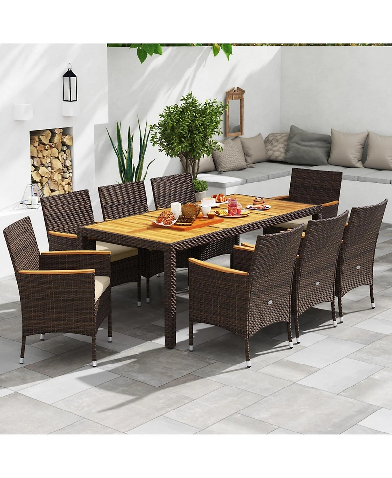 Gymax 9 Pieces Patio Pe Wicker Dining Set Outdoor Acacia Wood Table and Chairs