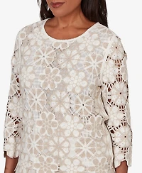 Alfred Dunner Petite Floral Crochet 3/4-Length-Sleeve Top