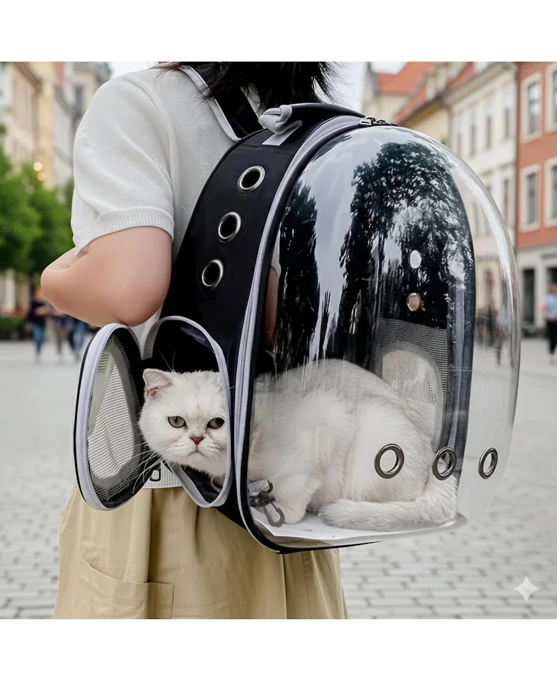 Breathable Transparent Pet Carrier Bag for Cats & Small Dogs – Portable Space Capsule with Zipper, Black, Ideal for Travel & Outdoor Adventures