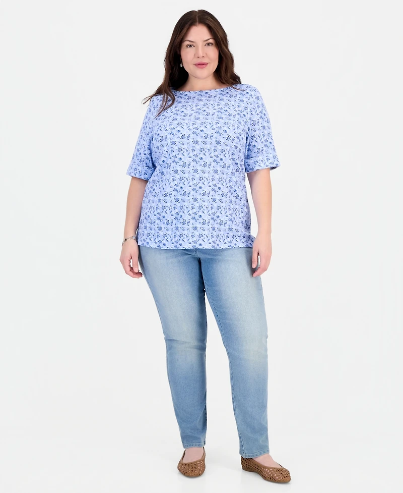 Style & Co Plus Printed Boat-Neck Elbow-Sleeve Top, Exclusively at Macy's