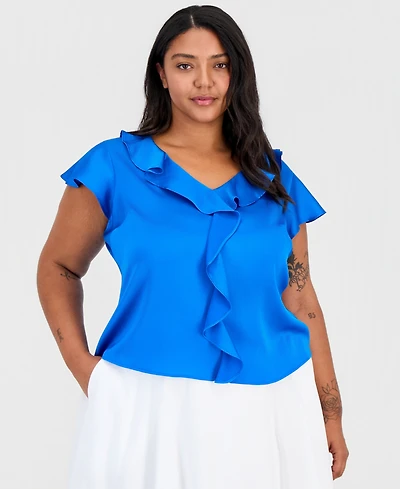 Tahari Asl Plus Ruffled Flutter-Sleeve Top