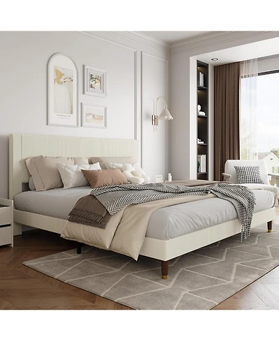 gaomon King Bed Frame with Headboard, Corduroy Upholstered Platform Bed with Wooden Slats Support - No Box Spring Needed & Noise Free