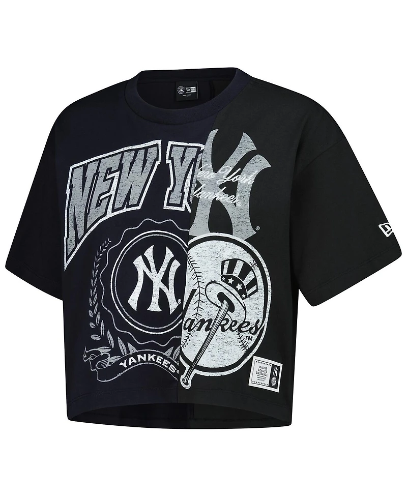 New Era Women's Black New York Yankees Color blocked Boxy Cropped T-Shirt