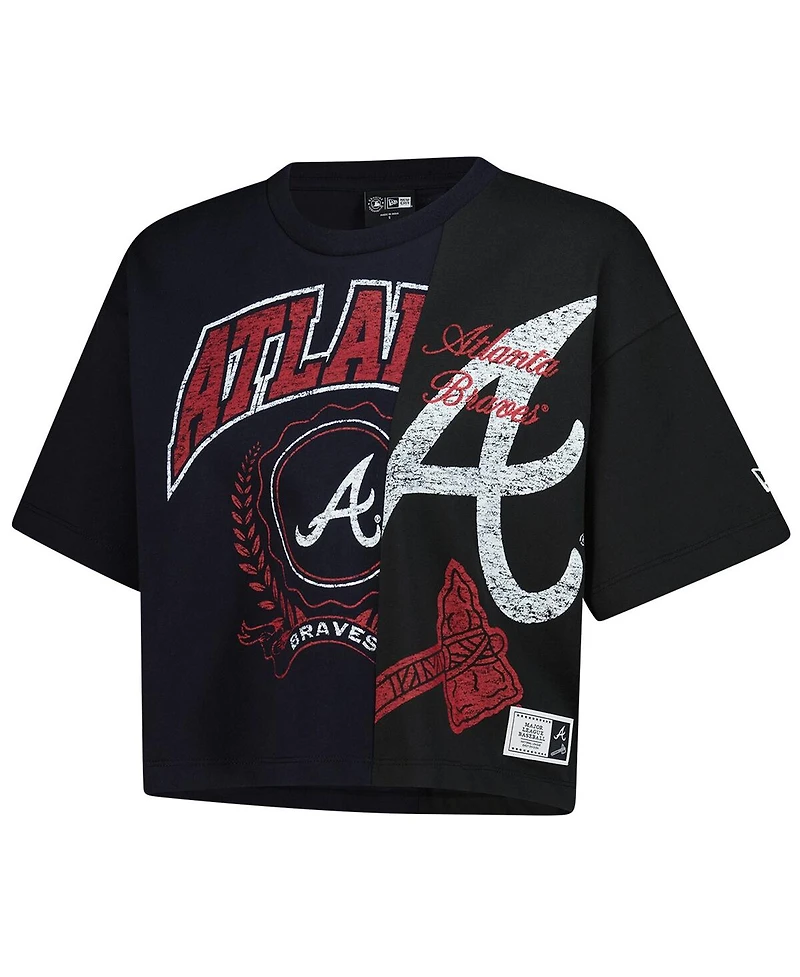 New Era Women's Navy Atlanta Braves Color blocked Boxy Cropped T-Shirt