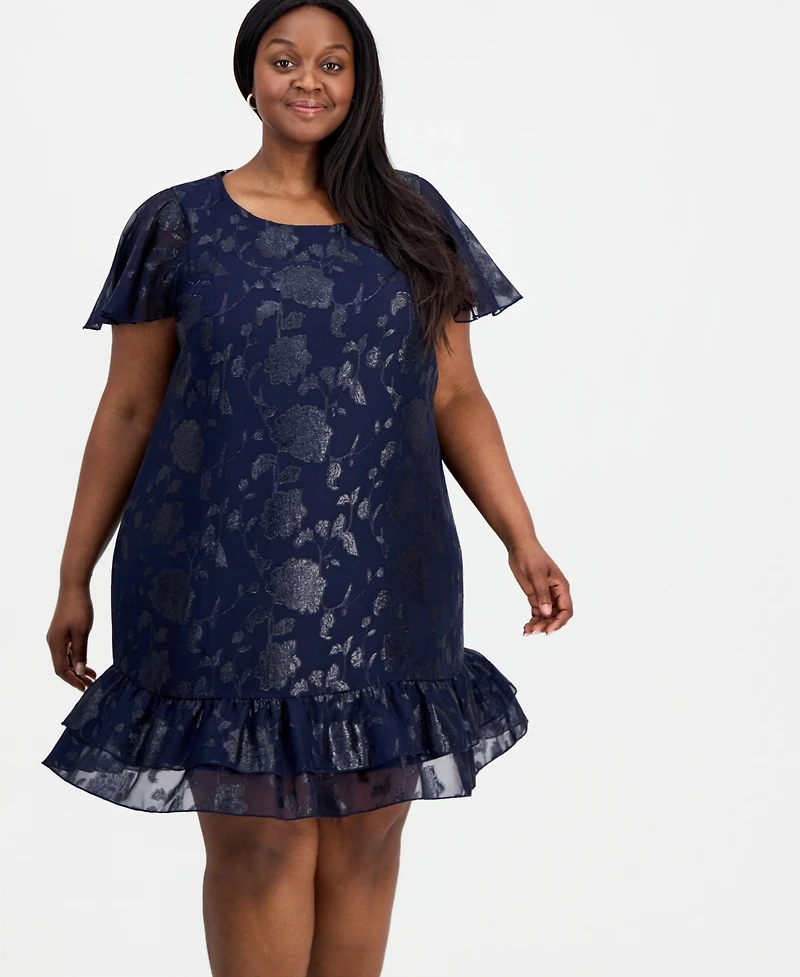Connected Plus Round-Neck Ruffle-Hem Dress