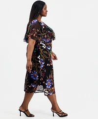Connected Plus Printed Cape-Overlay Midi Mesh Dress