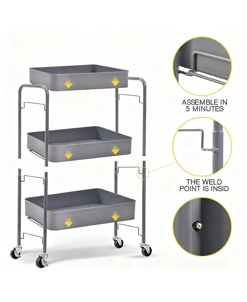 Yigii Metal Rolling Cart with Wheels for Kitchen, Bathroom, & More - Easy Assembly, Durable