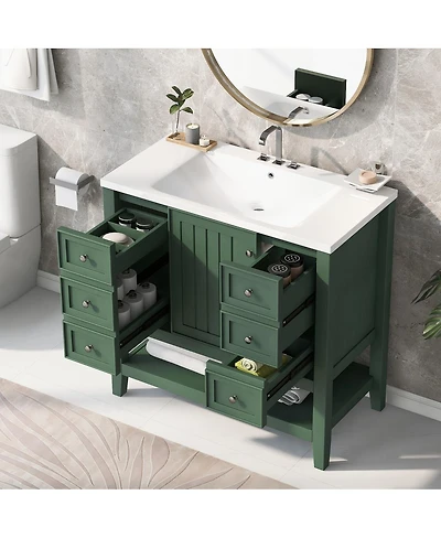 Sillysis 36 Bathroom Vanity with Ceramic Sink, Solid Wood Cabinet, 3 Drawers & Adjustable Shelf for Modern Bathrooms