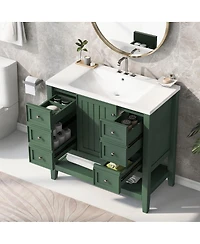 Sillysis 36 Bathroom Vanity with Ceramic Sink, Solid Wood Cabinet, 3 Drawers & Adjustable Shelf for Modern Bathrooms