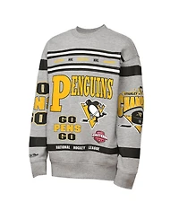 Mitchell & Ness Big Boys and Girls Heather Gray Pittsburgh Penguins Allover Print Fleece Crewneck Sweatshirt