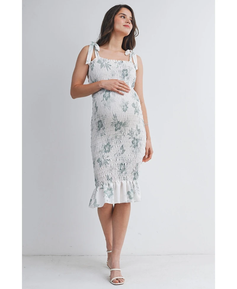 Hello Miz Maternity Bodycon Floral Smocked Midi Dress with Adjustable Tie Straps