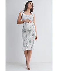 Hello Miz Maternity Bodycon Floral Smocked Midi Dress with Adjustable Tie Straps