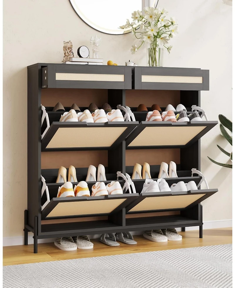 gaomon Rattan Shoe Cabinet Storage with 4 Flip Drawers and 2 Top Drawers Freestanding Shoe Organizer Wooden Slim Shoe Rack Storage