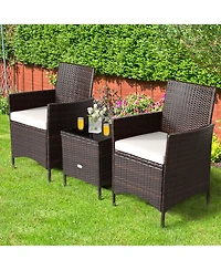 Gymax 3PCS Outdoor Rattan Conversation Set Patio Furniture Set w/ White Cushions