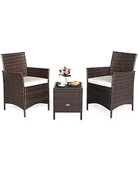Gymax 3PCS Outdoor Rattan Conversation Set Patio Furniture Set w/ White Cushions