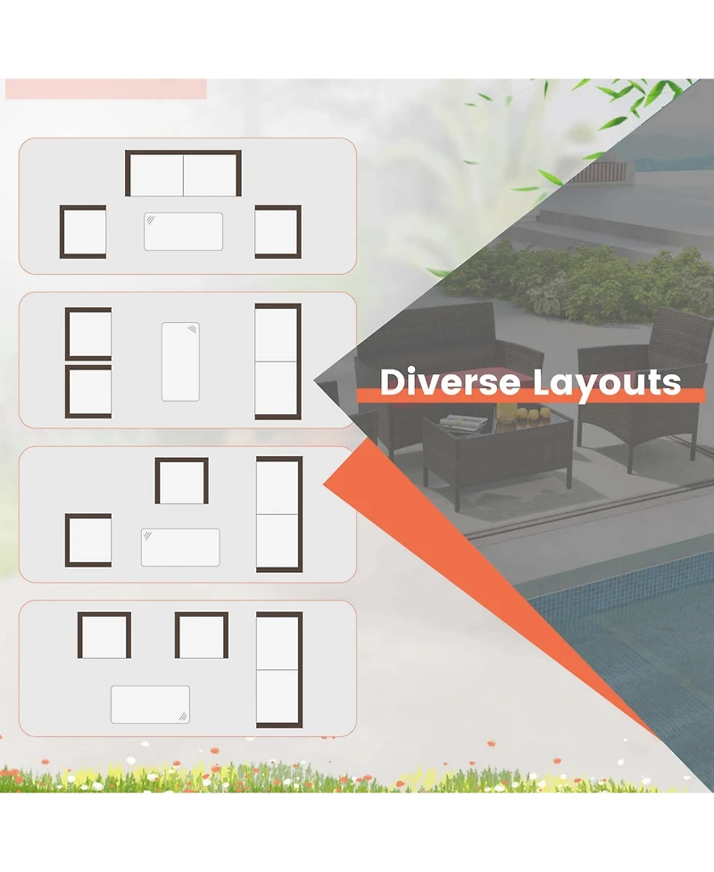 Gymax Set of 8 Furniture Set w/ Washable Cushions and Tempered Glass Coffee Table