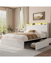 gaomon Full Led Bed Frame with 4 Storage Drawers and Headboard, Soft Boucle Upholstered Platform Charging Station Usb Ports