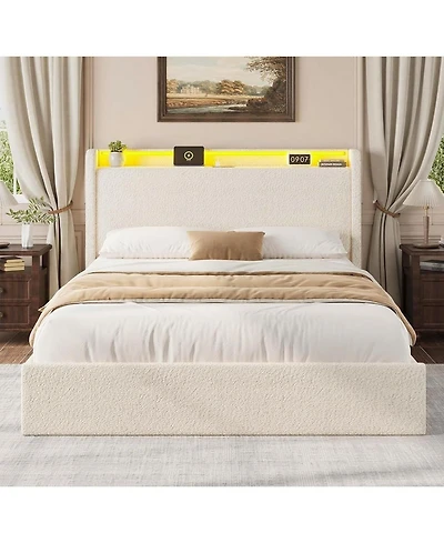 gaomon Full Led Bed Frame with 4 Storage Drawers and Headboard, Soft Boucle Upholstered Platform Charging Station Usb Ports