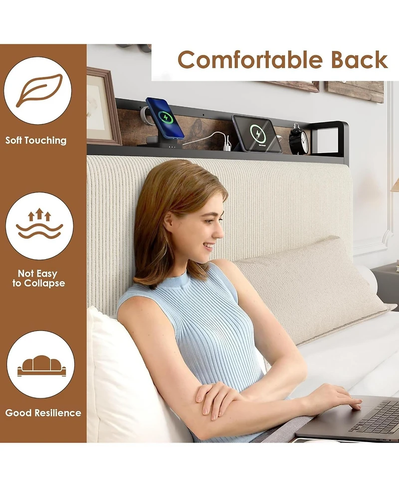 gaomon Twin Xl Bed Frame with Storage,Corduroy Upholstered Platform Bedframe Storage Drawers and Charging Station