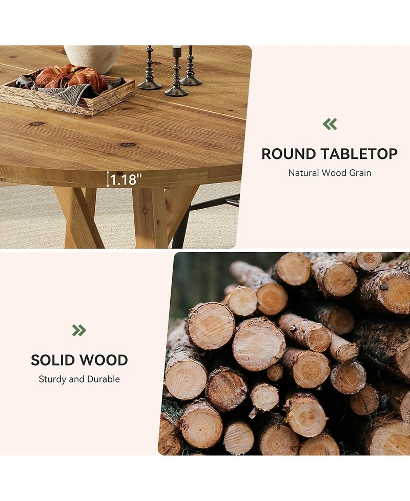 Tribesigns Solid Wood Dining Table for 4-6, Farmhouse Round Kitchen Table, Brown