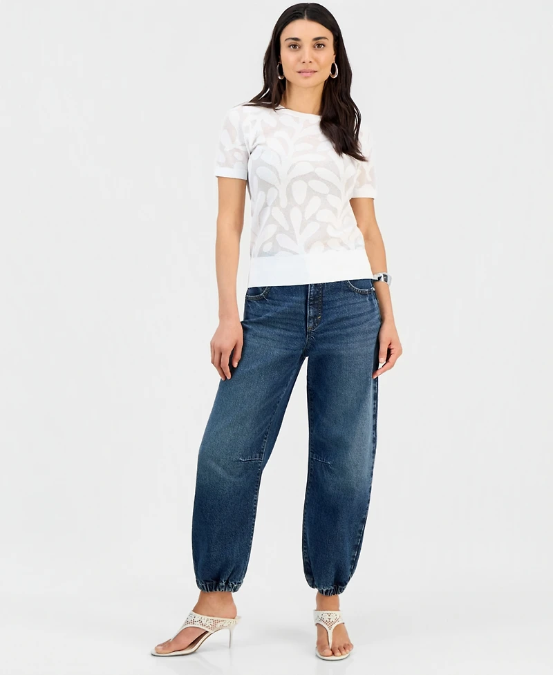 I.n.c. International Concepts Petite Floral Jacquard Short-Sleeve Sweater, Macy's Exclusive