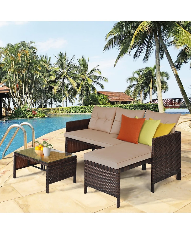 Gymax 3PC Rattan Furniture Sofa Lounge Chaise Set Outdoor Patio Garden