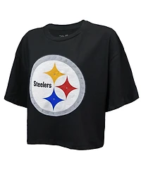 Majestic Threads Women's T.j. Watt Black Pittsburgh Steelers Swarovski Crystals Boxy Cropped Name Number T-Shirt