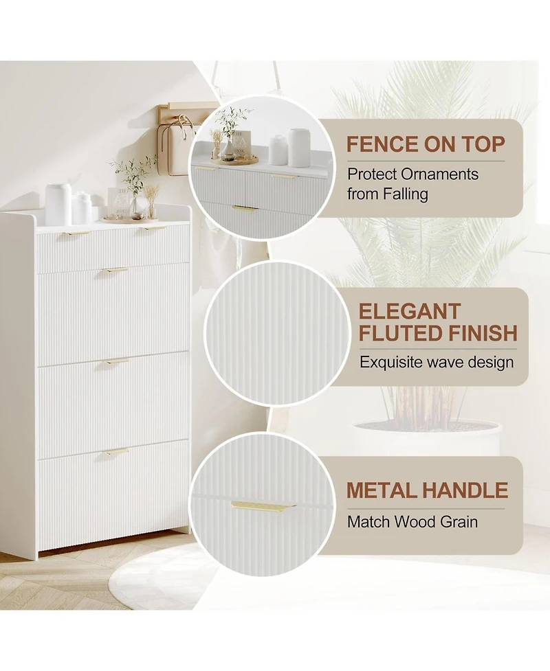 gaomon Modern Natural Shoe Cabinet with 3 Flip Drawers and 2 Small Drawers and Hook Slim Fluted Shoe Storage Organizer Narrow Entryway Cabinet