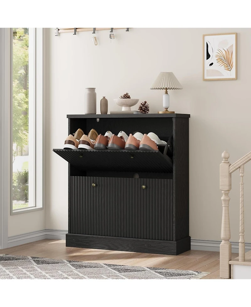 gaomon Fluted Shoe Cabinet with 2 Flip Drawers Narrow Cabinet with Adjustable Shelves