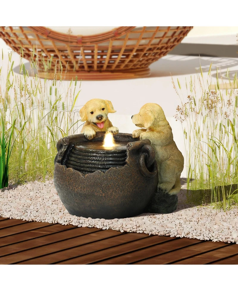 LuxenHome Puppy Love Farmhouse Resin Outdoor Fountain with Lights