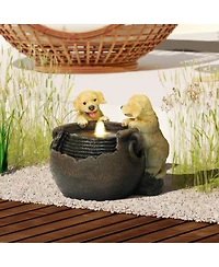 LuxenHome Puppy Love Farmhouse Resin Outdoor Fountain with Lights